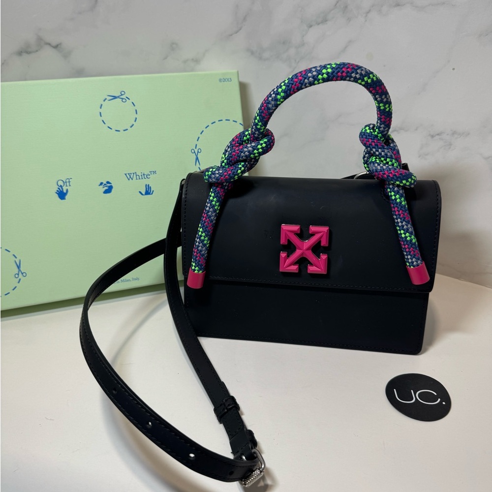 Off-White Jitney 1.4 Bag with Top Handle and Removable Crossbody Strap.